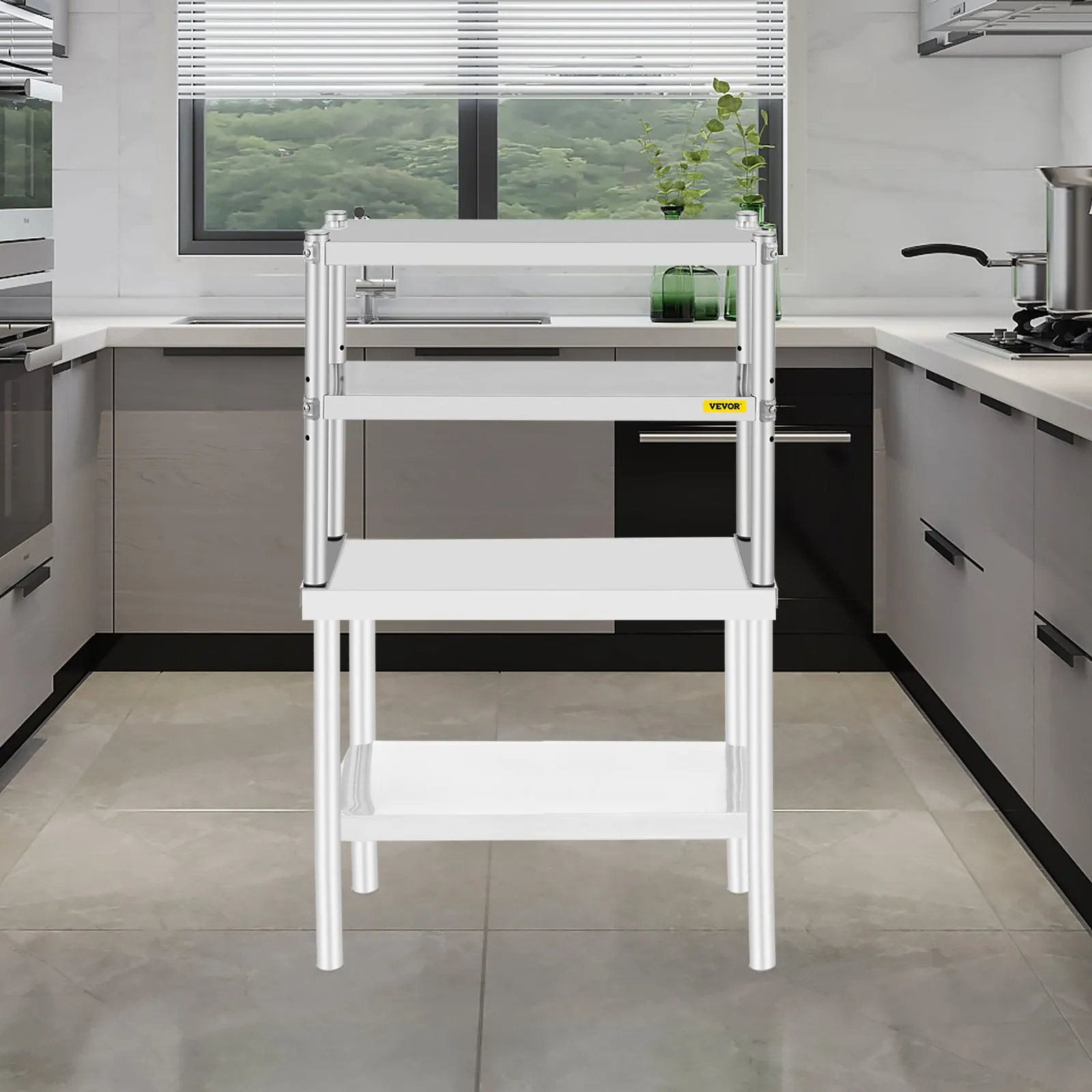 VEVOR double overshelf in a sleek modern kitchen with window and green plants.