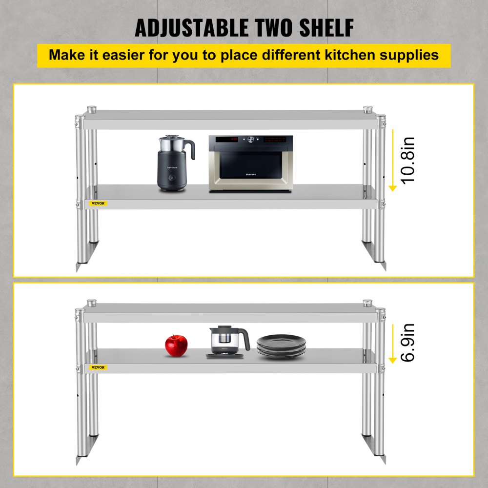 VEVOR Double Overshelf Stainless Steel Overshelf 1220mmx300mm Kitchen Table
