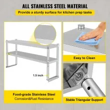 VEVOR Double Overshelf Stainless Steel Overshelf 2-Tier 12" x 48" for Prep Table