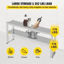 VEVOR Double Overshelf Stainless Steel Overshelf 2-Tier 12" x 48" for Prep Table