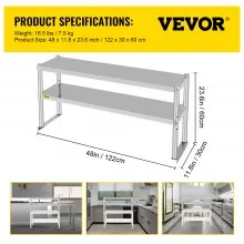 VEVOR Double Overshelf Stainless Steel Overshelf 2-Tier 12" x 48" for Prep Table