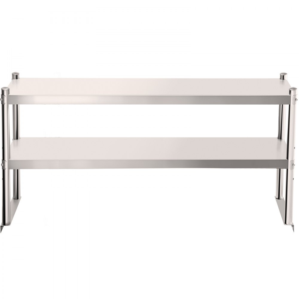 stainless steel VEVOR double overshelf with two-tier design for kitchen storage.