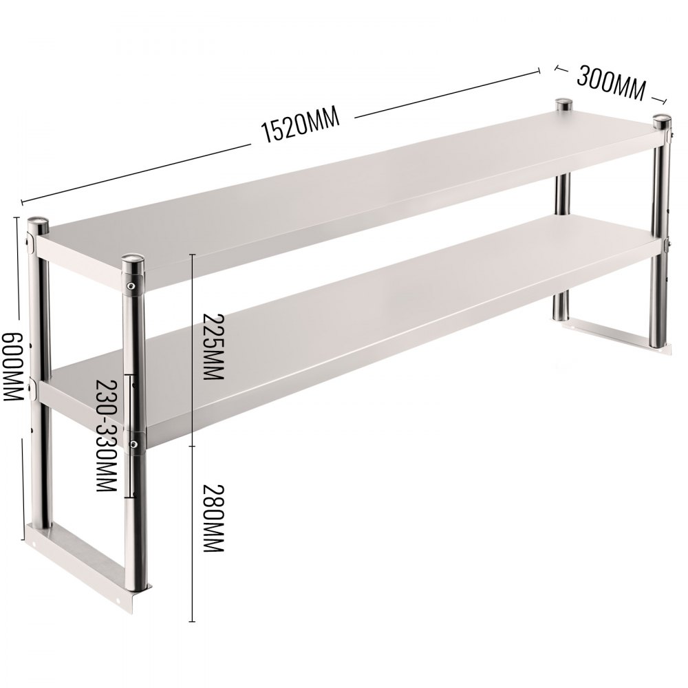VEVOR double overshelf stainless steel with dimensions marked in millimeters.