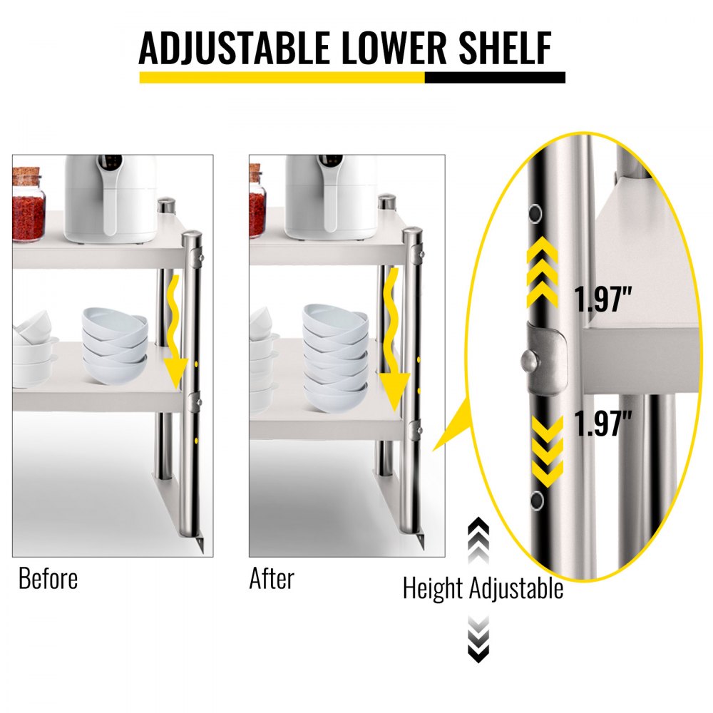 VEVOR Double Overshelf, Double Tier Stainless Steel Overshelf, 60 in. Length x 12 in. Width Double Deck Overshelf, Height Adjustable Overshelf for Prep & Work Table in Kitchen, Restaurant and Workshop
