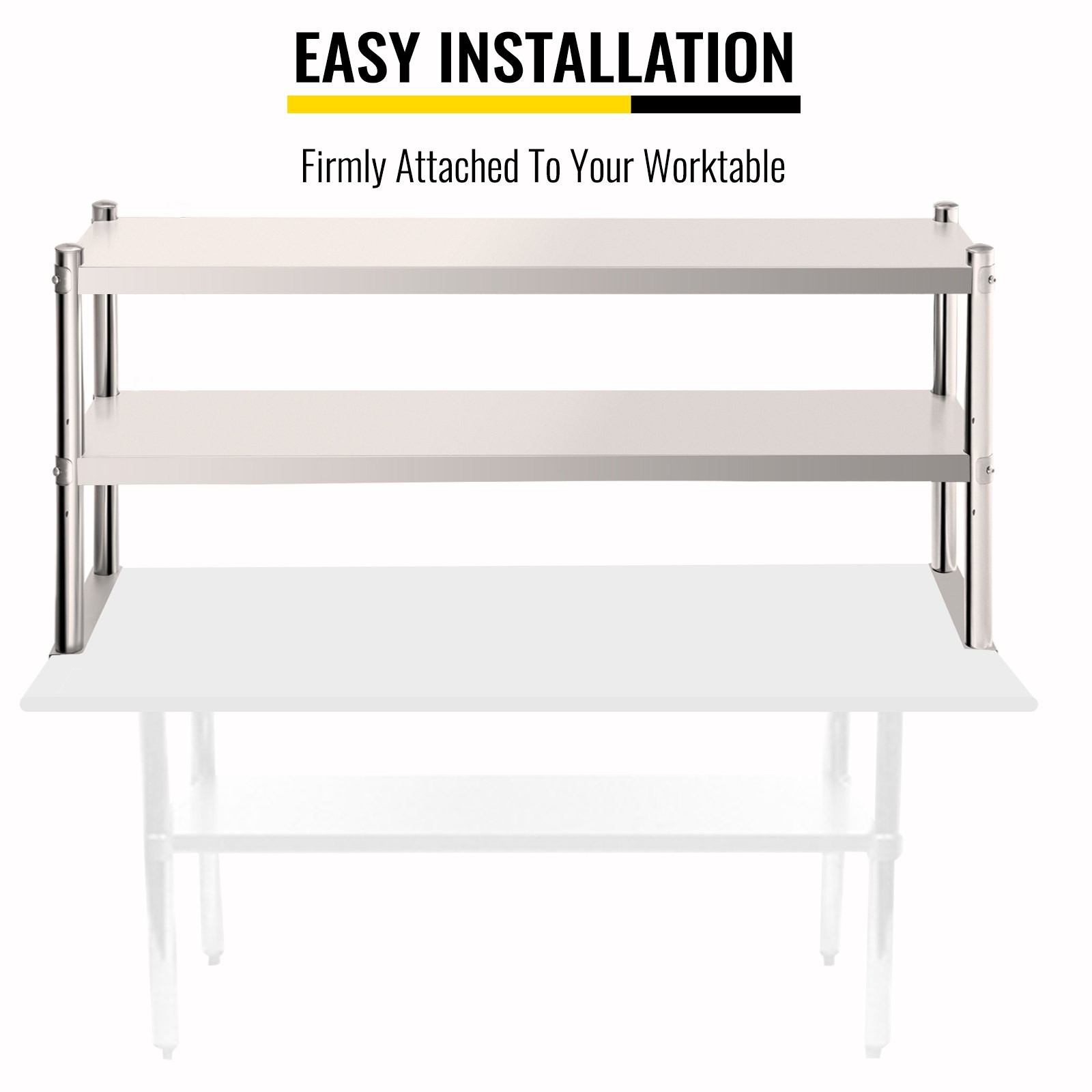 VEVOR double overshelf, firmly attached to a worktable for easy installation.
