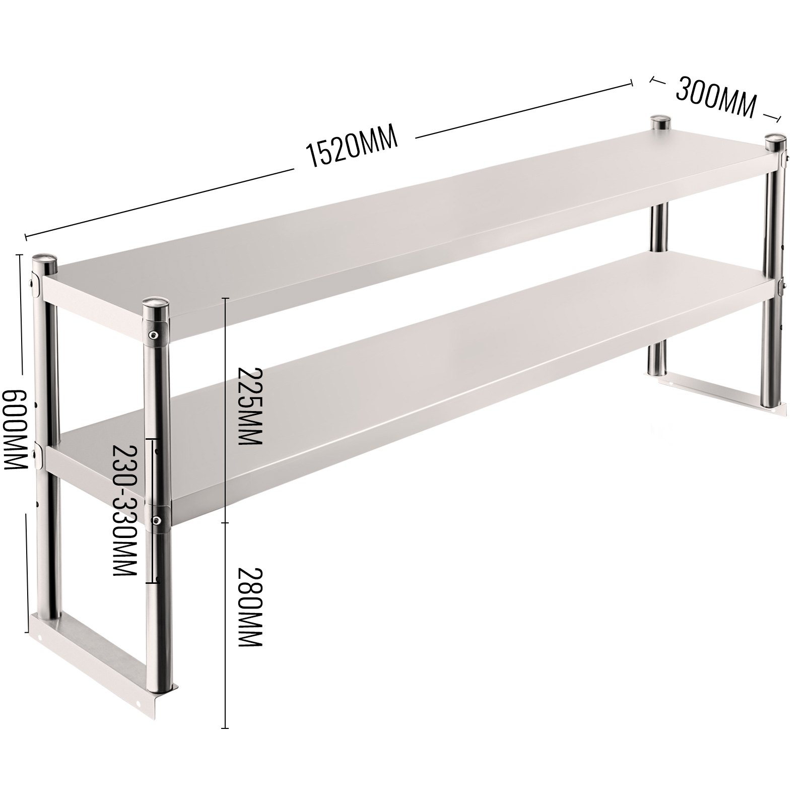 VEVOR double overshelf stainless steel with dimensions marked in millimeters.