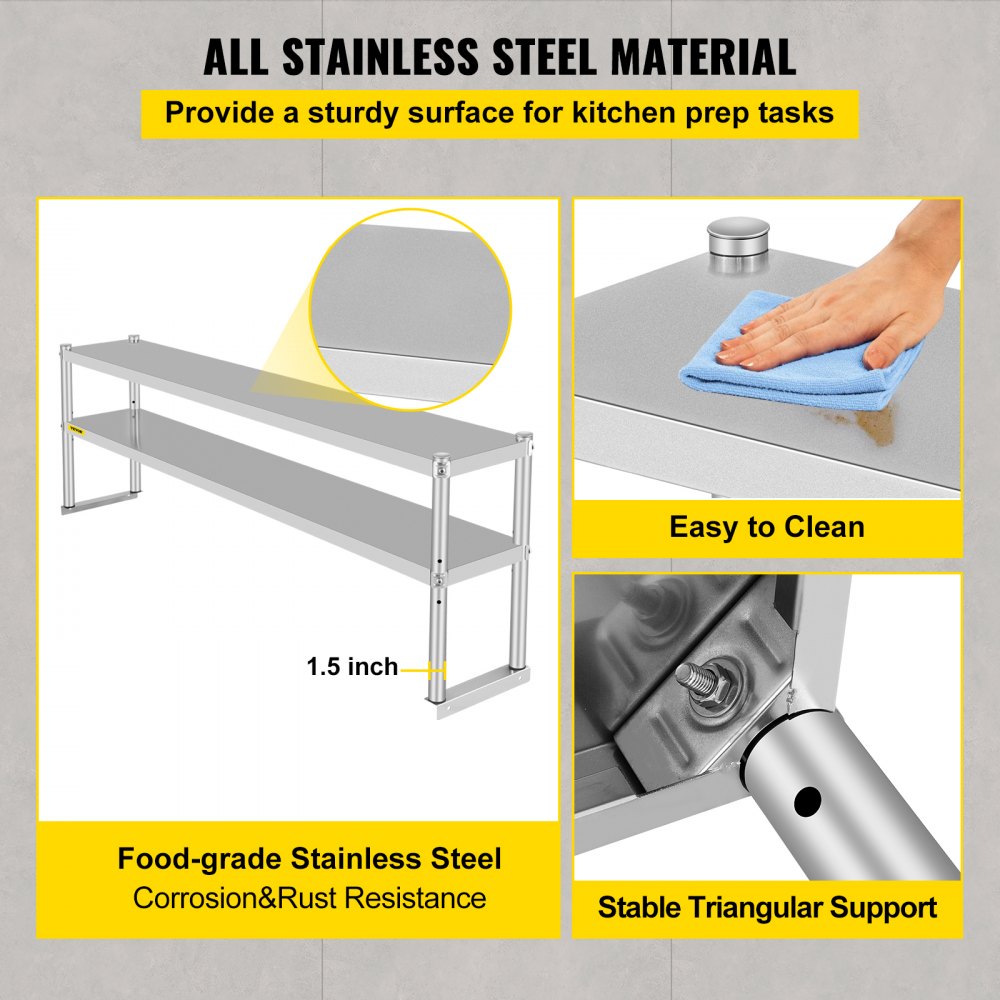 VEVOR Double Overshelf, Double Tier Stainless Steel Overshelf, 72 in Length x 12 in Width Double Deck Overshelf, Height Adjustable Overshelf for Prep & Work Table in Kitchen, Restaurant and Workshop