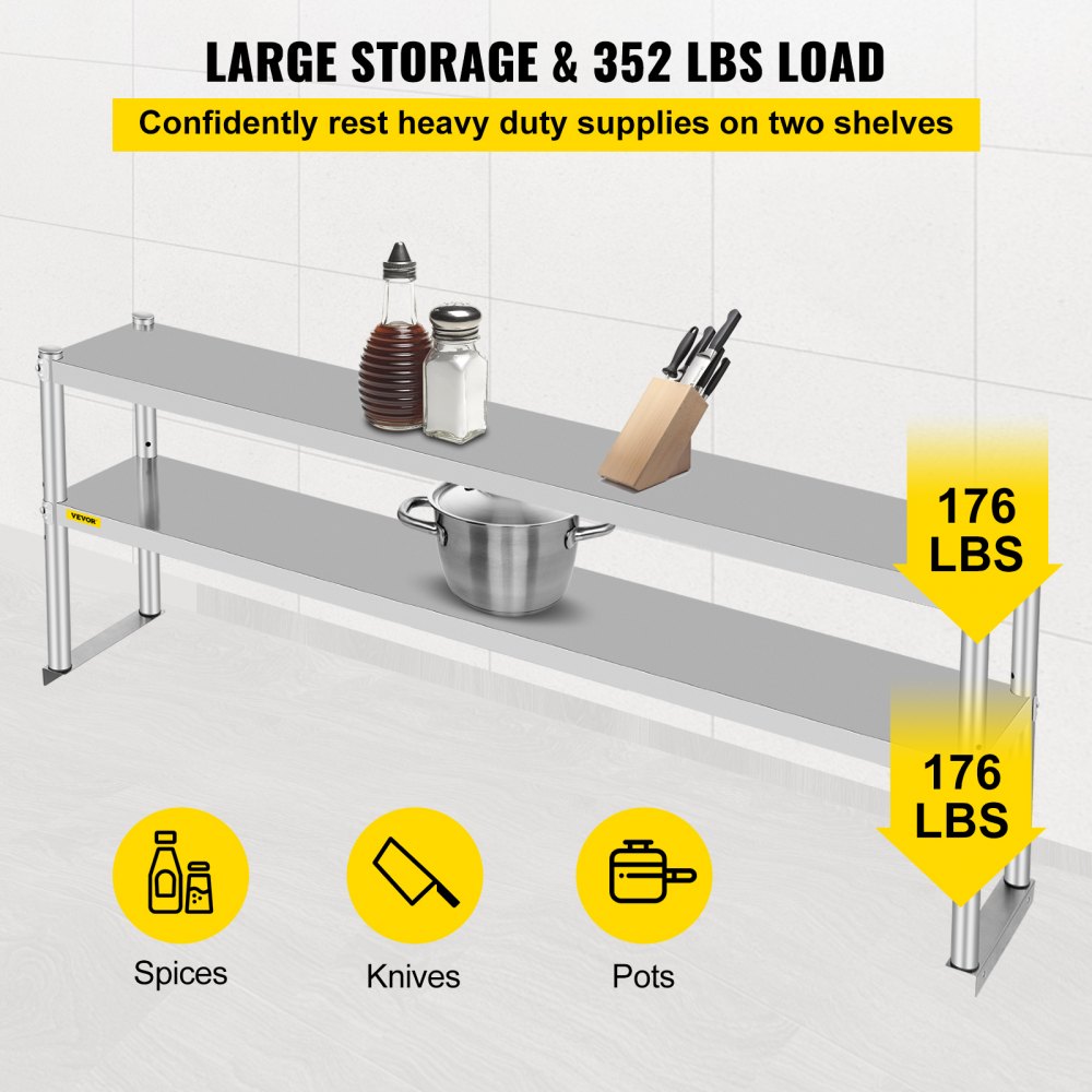 VEVOR Double Overshelf, Double Tier Stainless Steel Overshelf, 72 in Length x 12 in Width Double Deck Overshelf, Height Adjustable Overshelf for Prep & Work Table in Kitchen, Restaurant and Workshop