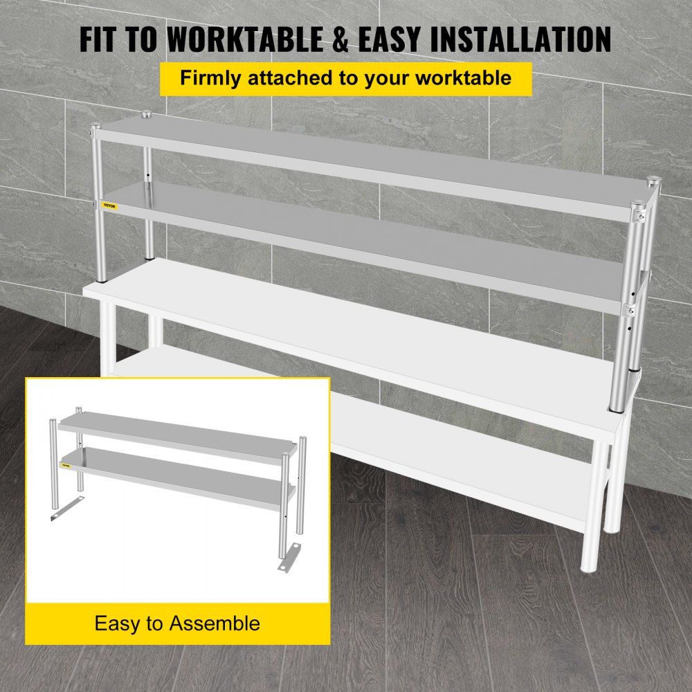 VEVOR Double Overshelf, Double Tier Stainless Steel Overshelf, 72 in Length x 12 in Width Double Deck Overshelf, Height Adjustable Overshelf for Prep & Work Table in Kitchen, Restaurant and Workshop