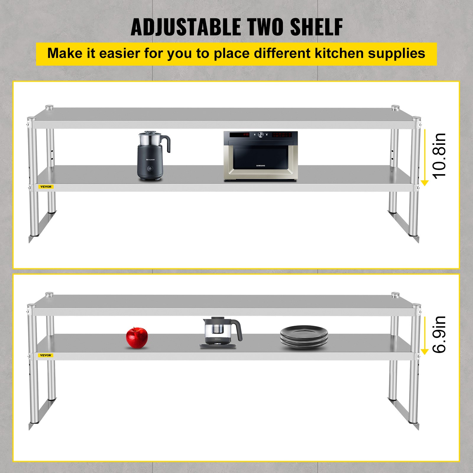 VEVOR Double Overshelf Stainless Steel Overshelf 2-Tier 12" x 72" for Prep Table