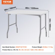 VEVOR 48 x 30 Inch Folding Commercial Prep Table Commercial Worktable Workstation, Heavy-duty Stainless Steel Folding Table with 220 lbs Load, Silver Stainless Steel Kitchen Island，Kitchen Work Table