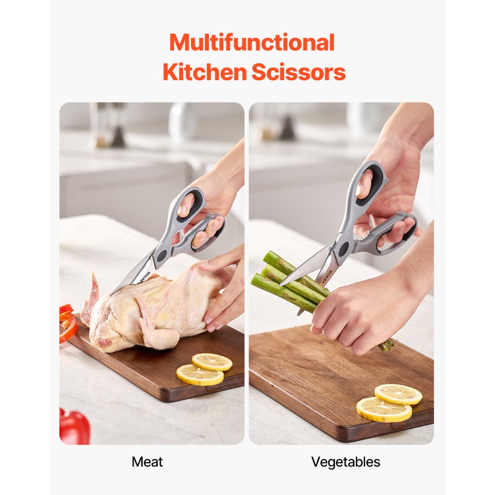 VEVOR Kitchen Scissors, Durable Stainless Steel Kitchen Shears with Protective Sheath, Heavy Duty Cooking Shears Soft Grip Comfort Handle, Kitchen Utensil for Cutting Meat, Food, Fish, Poultry, Grey