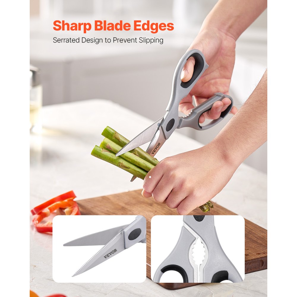 VEVOR Kitchen Scissors, Durable Stainless Steel Kitchen Shears with Protective Sheath, Heavy Duty Cooking Shears Soft Grip Comfort Handle, Kitchen Utensil for Cutting Meat, Food, Fish, Poultry, Grey