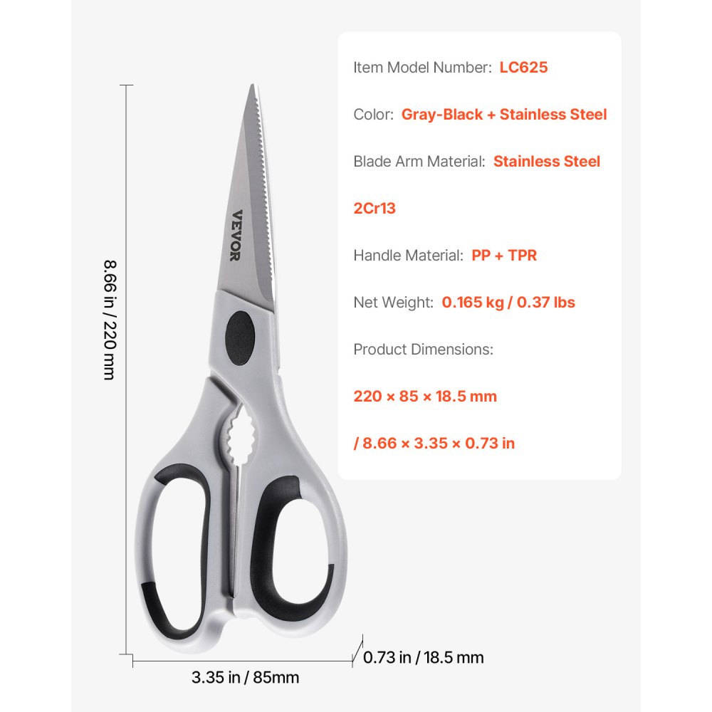 VEVOR Kitchen Scissors, Durable Stainless Steel Kitchen Shears with Protective Sheath, Heavy Duty Cooking Shears Soft Grip Comfort Handle, Kitchen Utensil for Cutting Meat, Food, Fish, Poultry, Grey