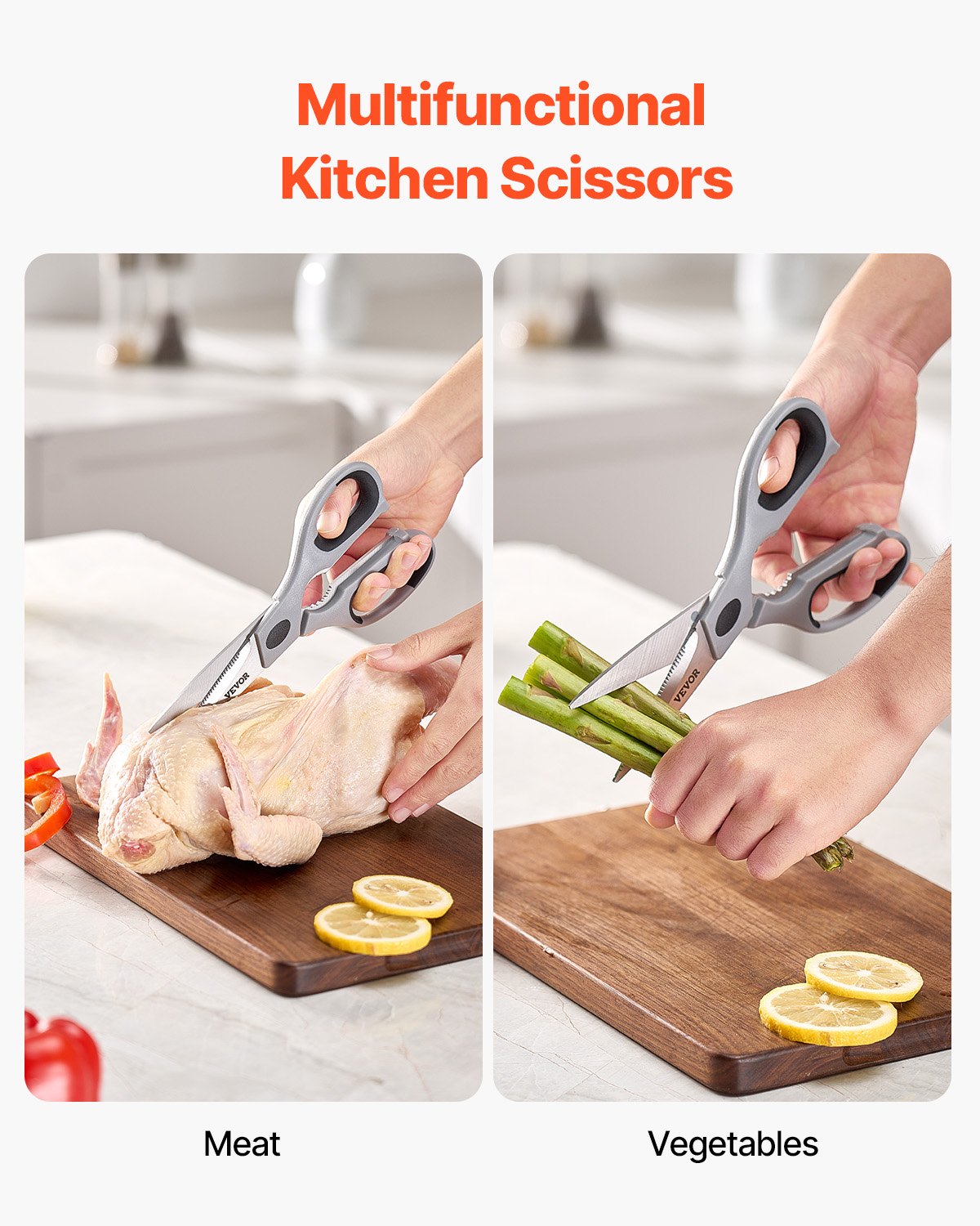 VEVOR Kitchen Scissors, Durable Stainless Steel Kitchen Shears with Protective Sheath, Heavy Duty Cooking Shears Soft Grip Comfort Handle, Kitchen Utensil for Cutting Meat, Food, Fish, Poultry, Grey