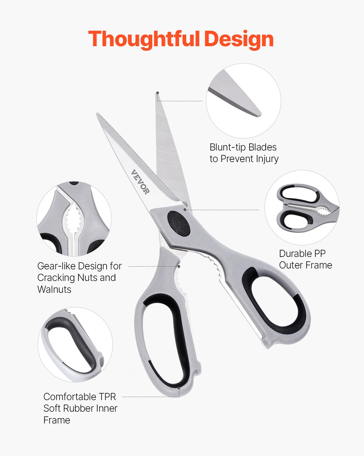 VEVOR Kitchen Scissors, Durable Stainless Steel Kitchen Shears with Protective Sheath, Heavy Duty Cooking Shears Soft Grip Comfort Handle, Kitchen Utensil for Cutting Meat, Food, Fish, Poultry, Grey
