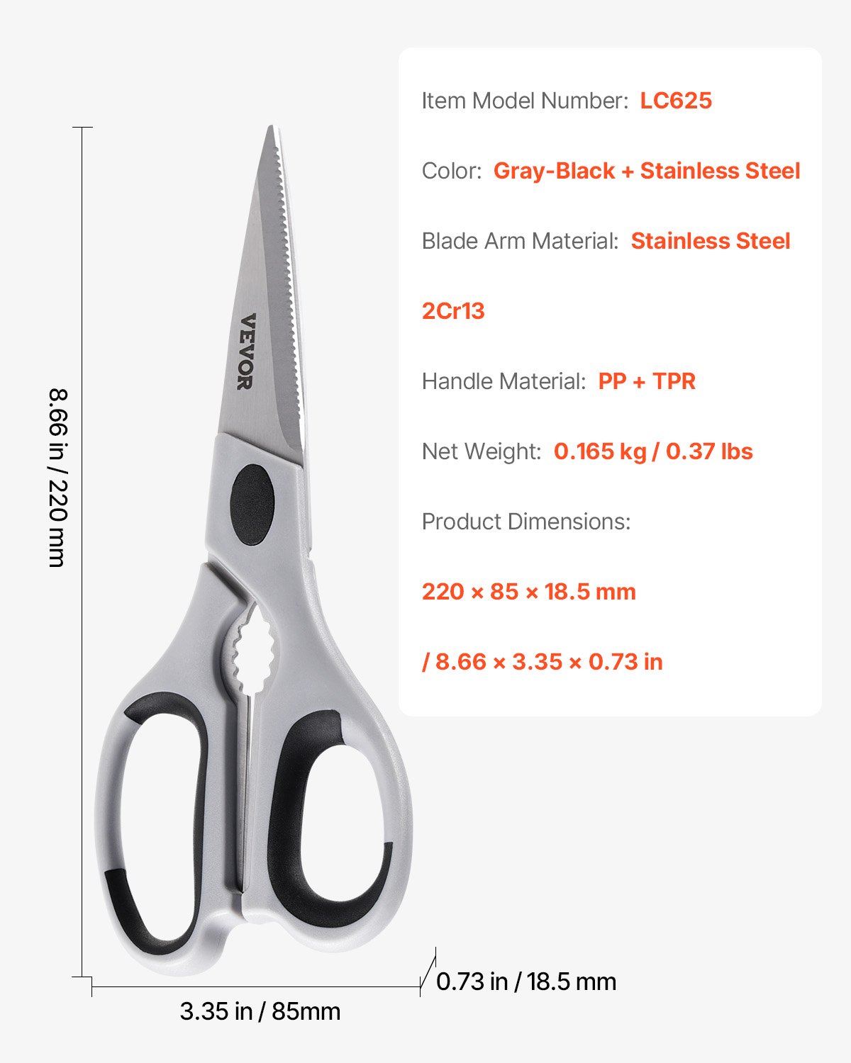 VEVOR Kitchen Scissors, Durable Stainless Steel Kitchen Shears with Protective Sheath, Heavy Duty Cooking Shears Soft Grip Comfort Handle, Kitchen Utensil for Cutting Meat, Food, Fish, Poultry, Grey
