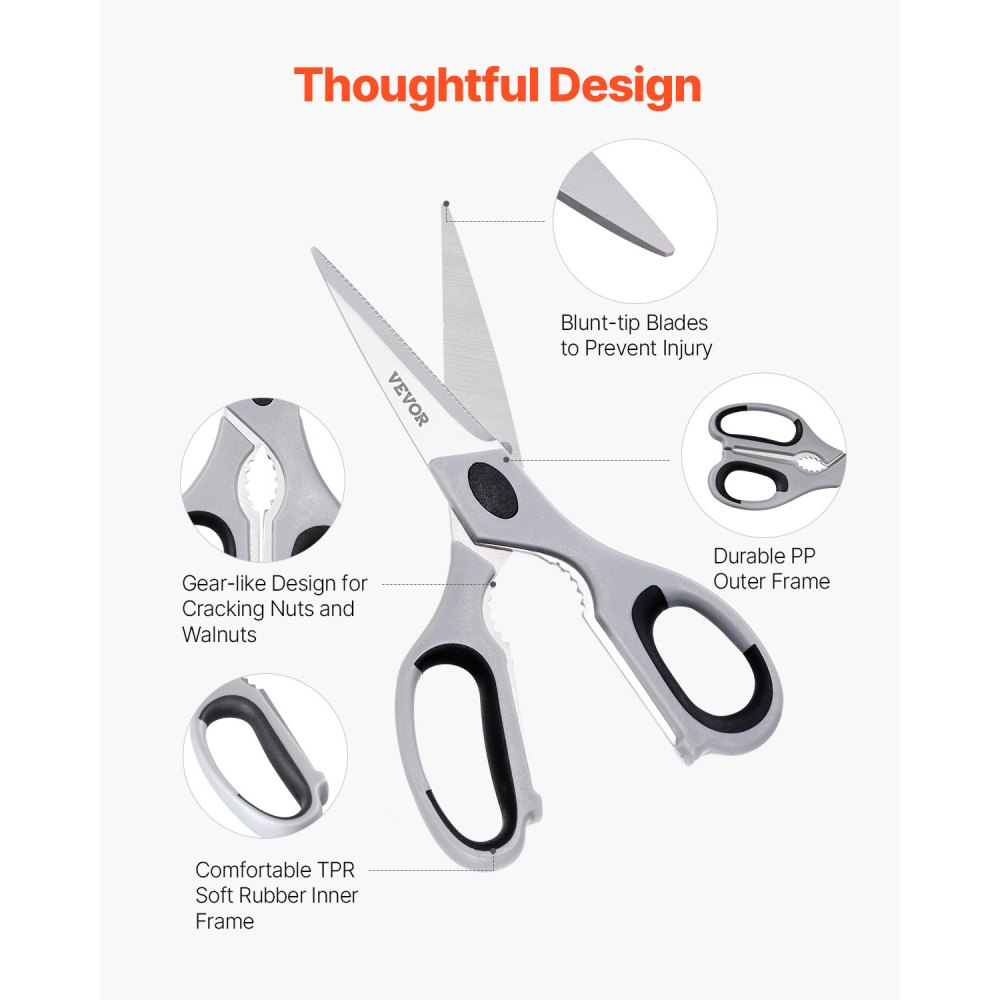 VEVOR Kitchen Scissors, 2 Pack Durable Stainless Steel Kitchen Shears with Sheaths, Heavy Duty Cooking Shears with Soft Grip Comfort Handle, Kitchen Utensil for Cutting Meat, Fish, Poultry, Cyan+Grey