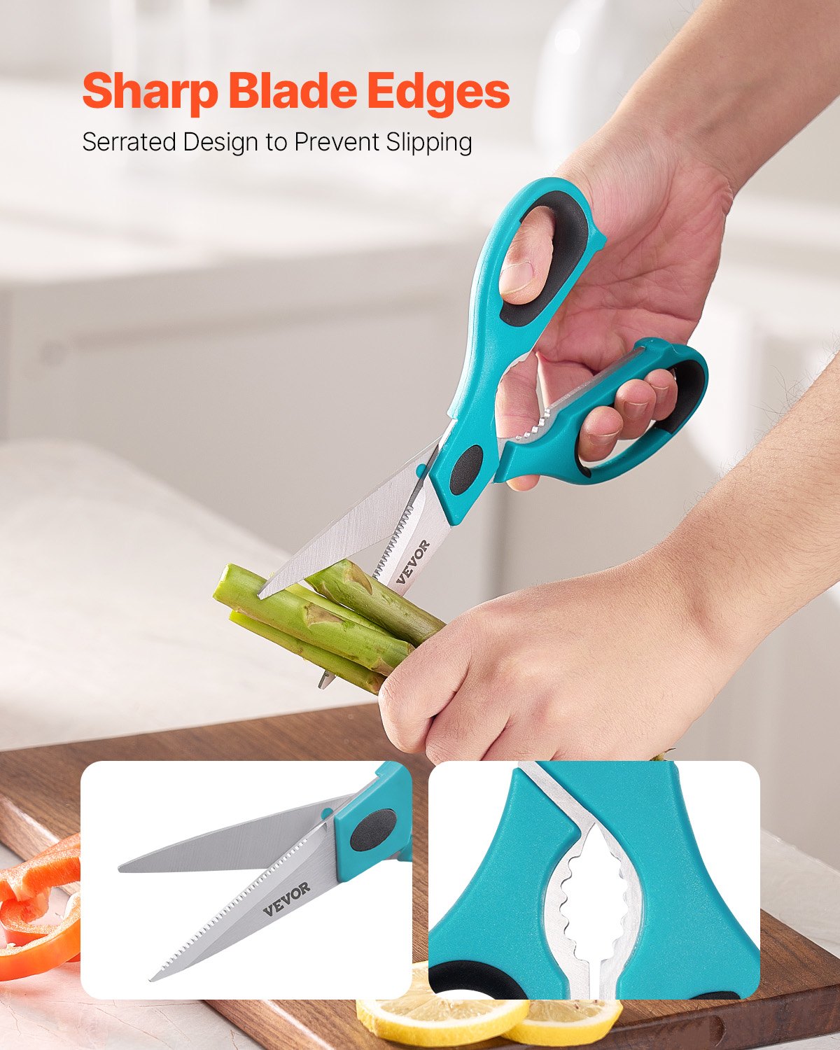 VEVOR Kitchen Scissors, 2 Pack Durable Stainless Steel Kitchen Shears with Sheaths, Heavy Duty Cooking Shears with Soft Grip Comfort Handle, Kitchen Utensil for Cutting Meat, Fish, Poultry, Cyan+Grey