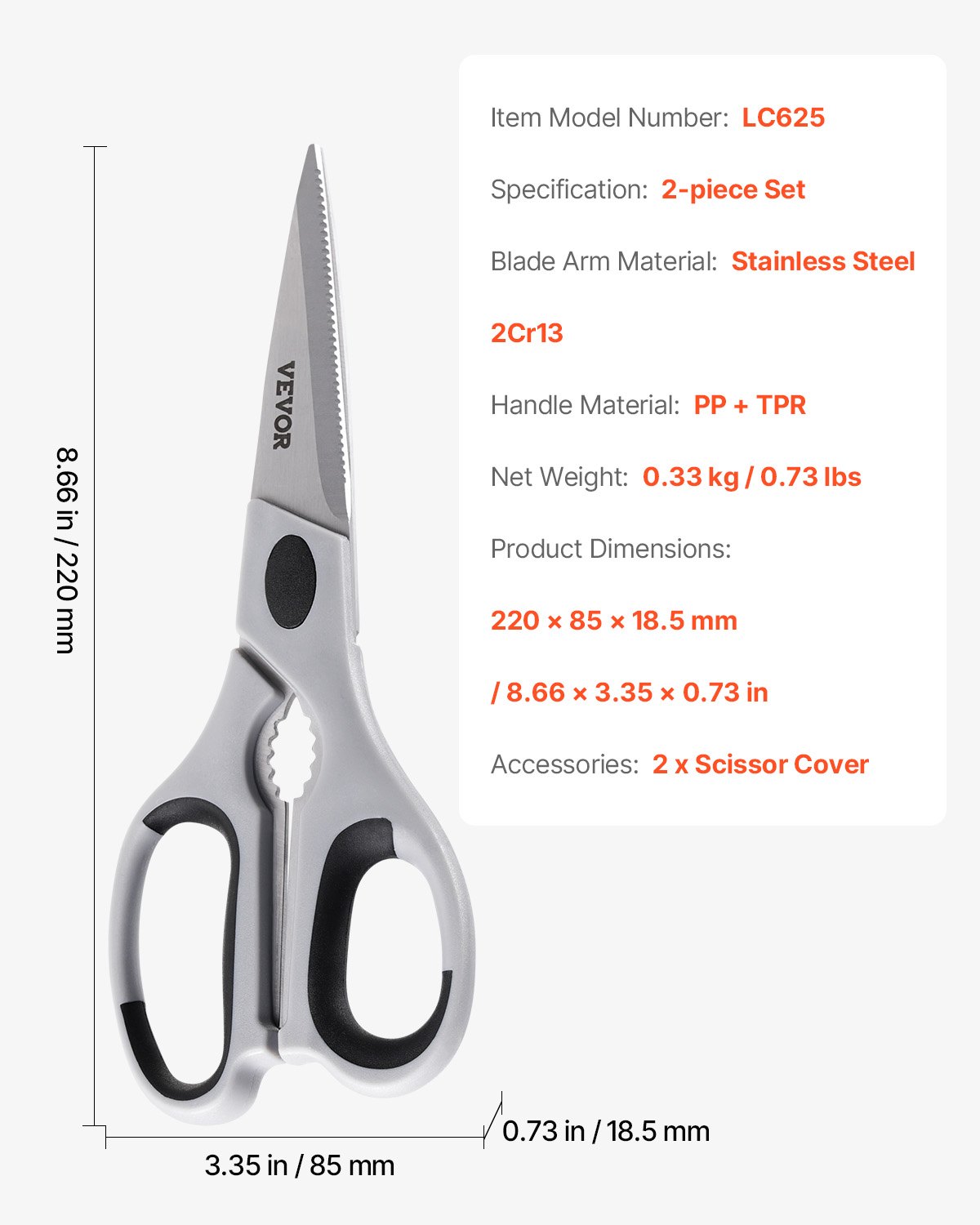 VEVOR Kitchen Scissors, 2 Pack Durable Stainless Steel Kitchen Shears with Sheaths, Heavy Duty Cooking Shears with Soft Grip Comfort Handle, Kitchen Utensil for Cutting Meat, Fish, Poultry, Cyan+Grey