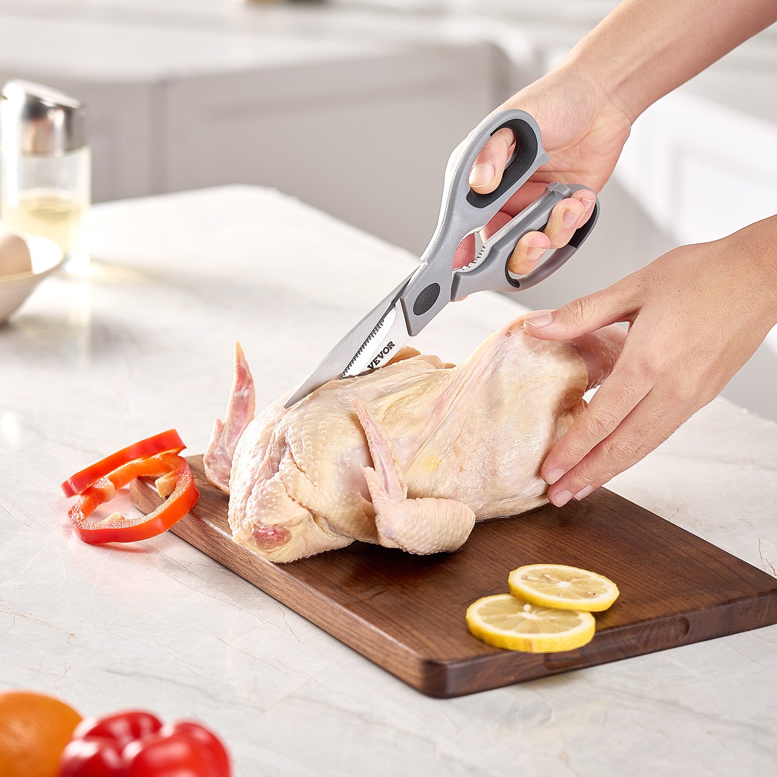 VEVOR Kitchen Scissors, 2 Pack Durable Stainless Steel Kitchen Shears with Sheaths, Heavy Duty Cooking Shears with Soft Grip Comfort Handle, Kitchen Utensil for Cutting Meat, Fish, Poultry, Cyan+Grey