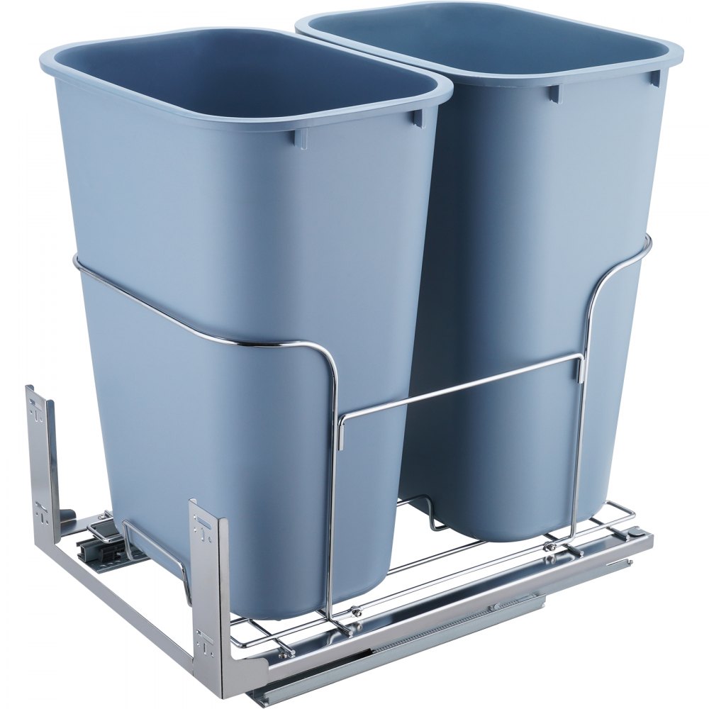 VEVOR pull-out trash can with dual blue bins and stainless steel frame for kitchen cabinets.