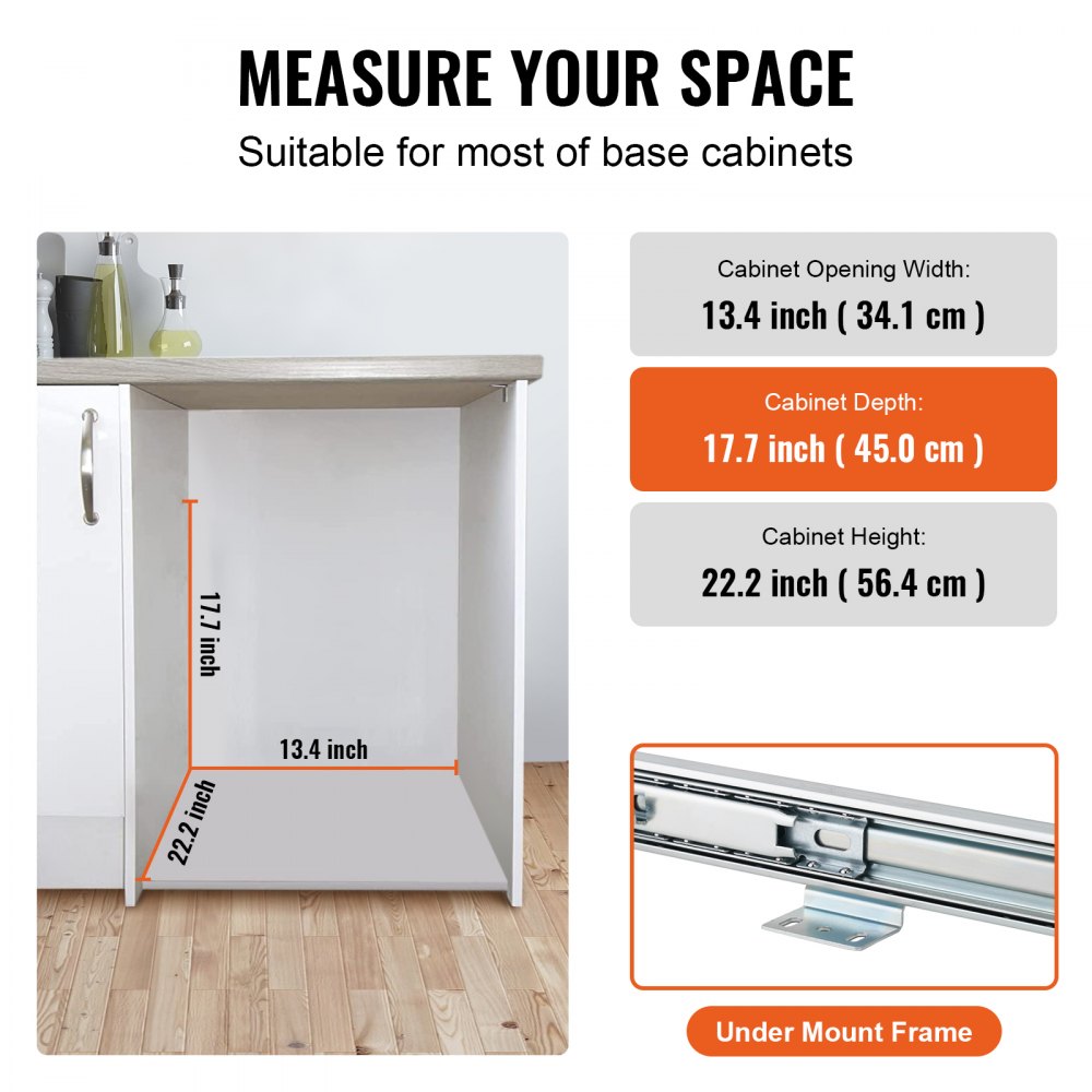 measures of cabinet dimensions for VEVOR pull-out trash can installation. width: 13.4&quot;, depth: 17.7&quot;, height: 22.2&quot;.