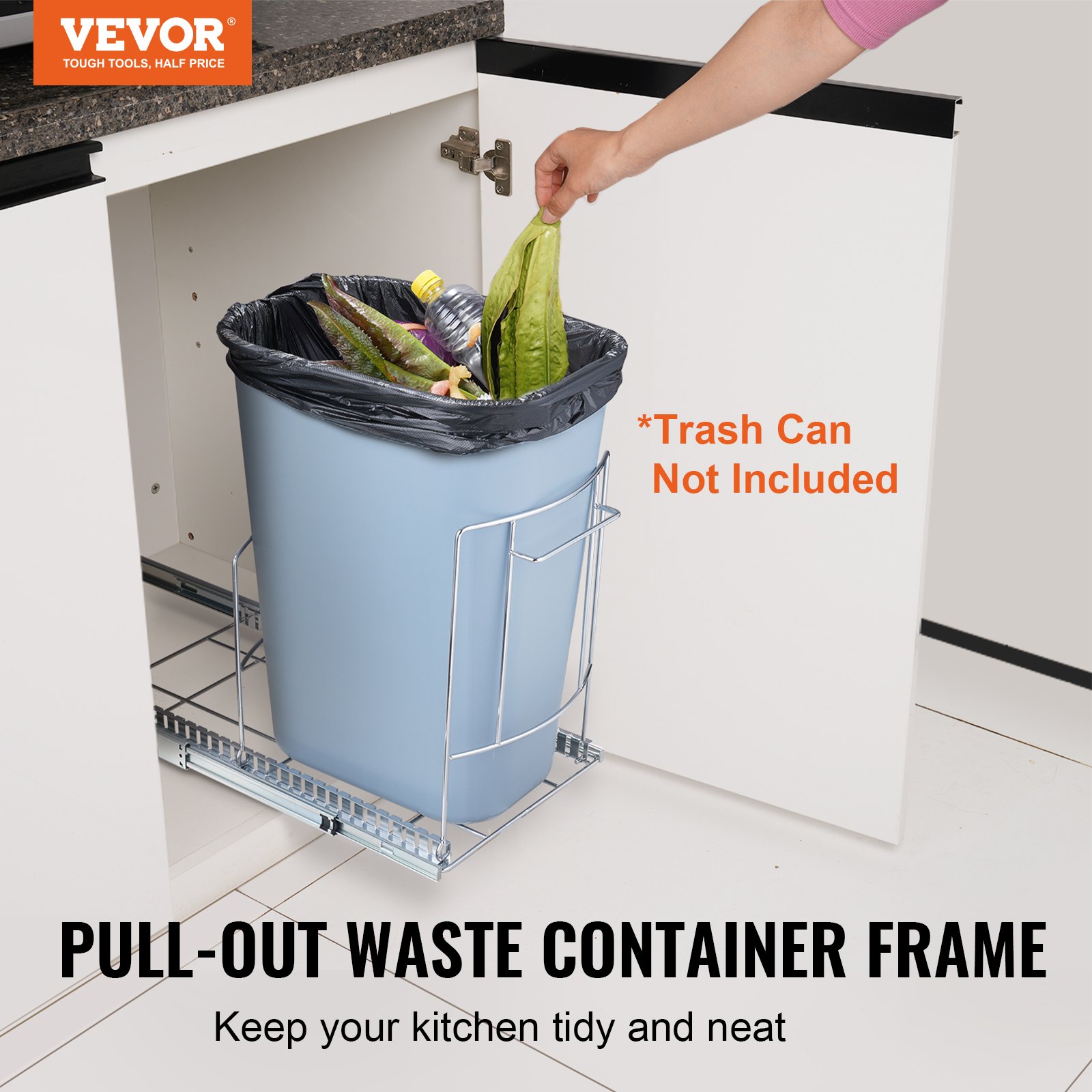 person placing garbage in a VEVOR pull-out trash can frame under the kitchen counter.