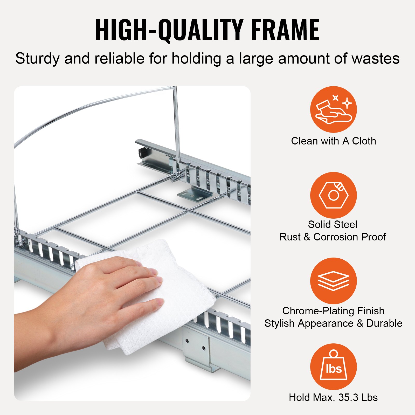 high-quality VEVOR pull-out trash can with sturdy steel frame, rustproof, chrome finish, and easy-to-clean.