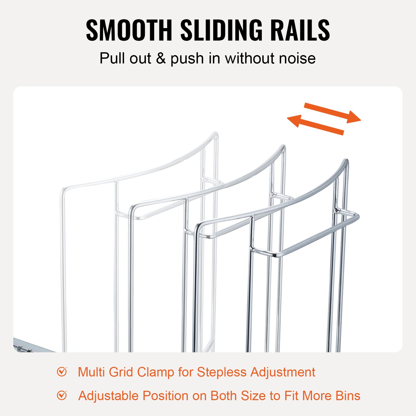 smooth sliding rails and multi grid clamp for step-less adjustment on VEVOR pull-out trash can.