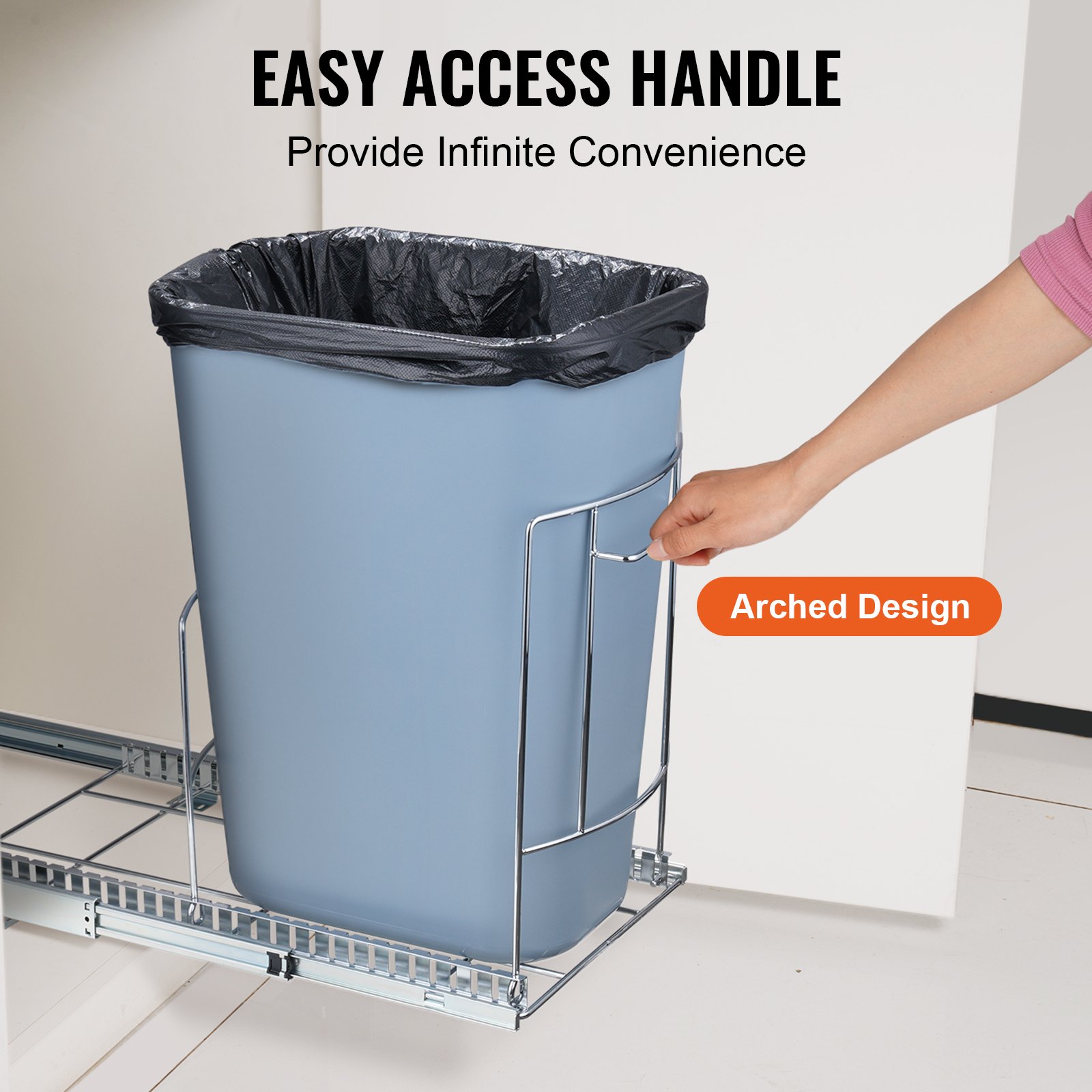 VEVOR pull-out trash can with easy access handle and arched design for convenient indoor use.