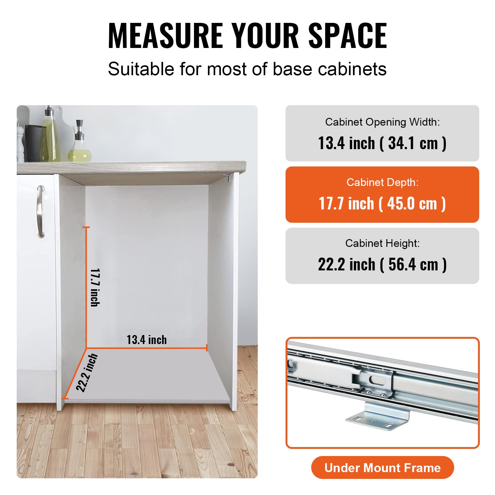 measures of cabinet dimensions for VEVOR pull-out trash can installation. width: 13.4&quot;, depth: 17.7&quot;, height: 22.2&quot;.