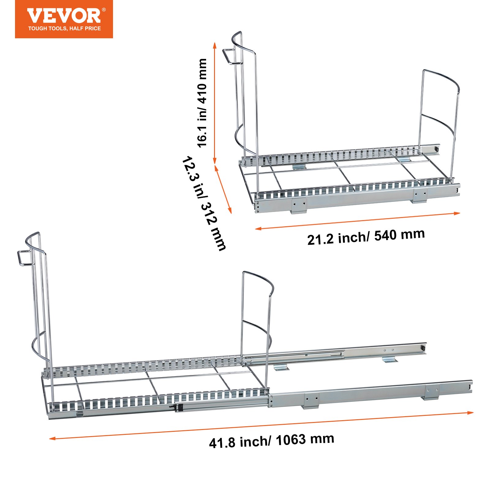 dimensions of VEVOR pull-out trash can with 21.2-inch and 41.8-inch measurements shown.