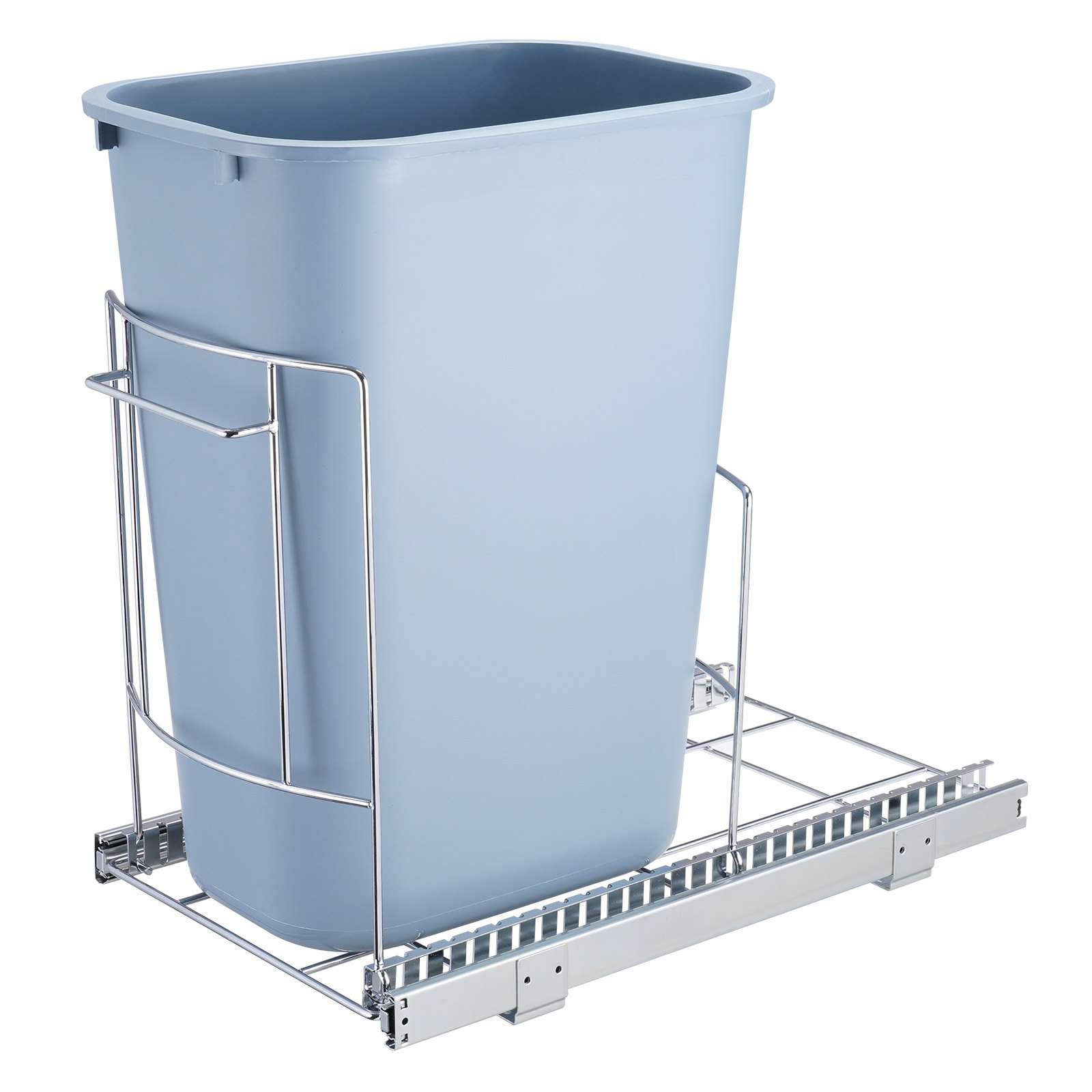 blue VEVOR pull-out trash can with metal frame and sliding rails for easy under-counter storage.