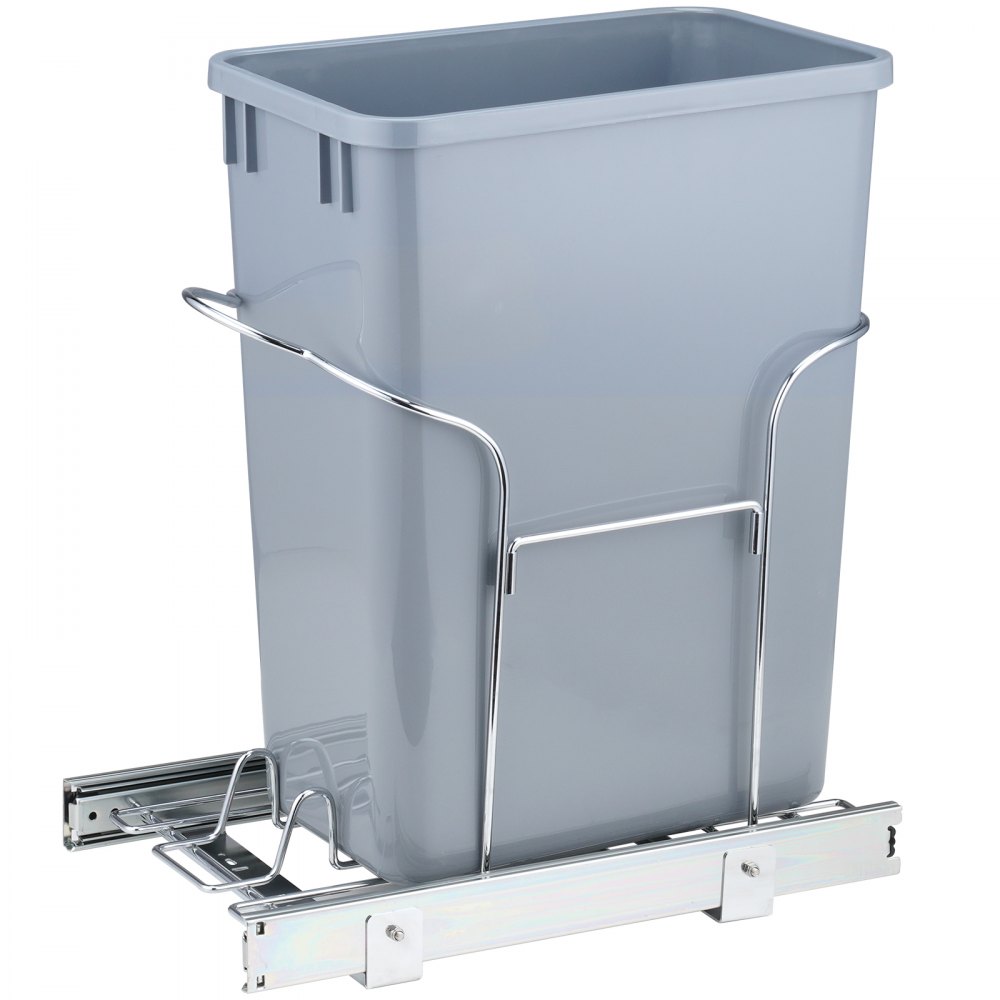 VEVOR pull-out trash can with gray bin and chrome hardware, designed for under-cabinet installation.