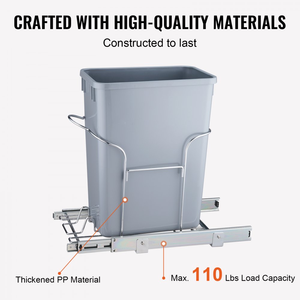 VEVOR Pull-Out Trash Can, 29L Single Bin, Under Mount Kitchen Waste Container with Slide and Handle, 110 lbs Load Capacity Heavy Duty Garbage Recycling Bin for Kitchen Cabinet, Sink, Under Counter