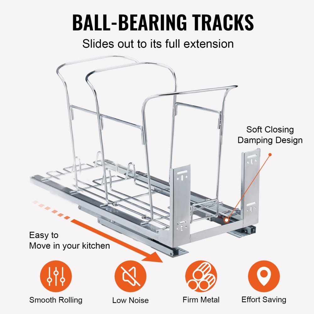 VEVOR pull-out trash can with ball-bearing tracks, soft closing damping design, and smooth rolling.