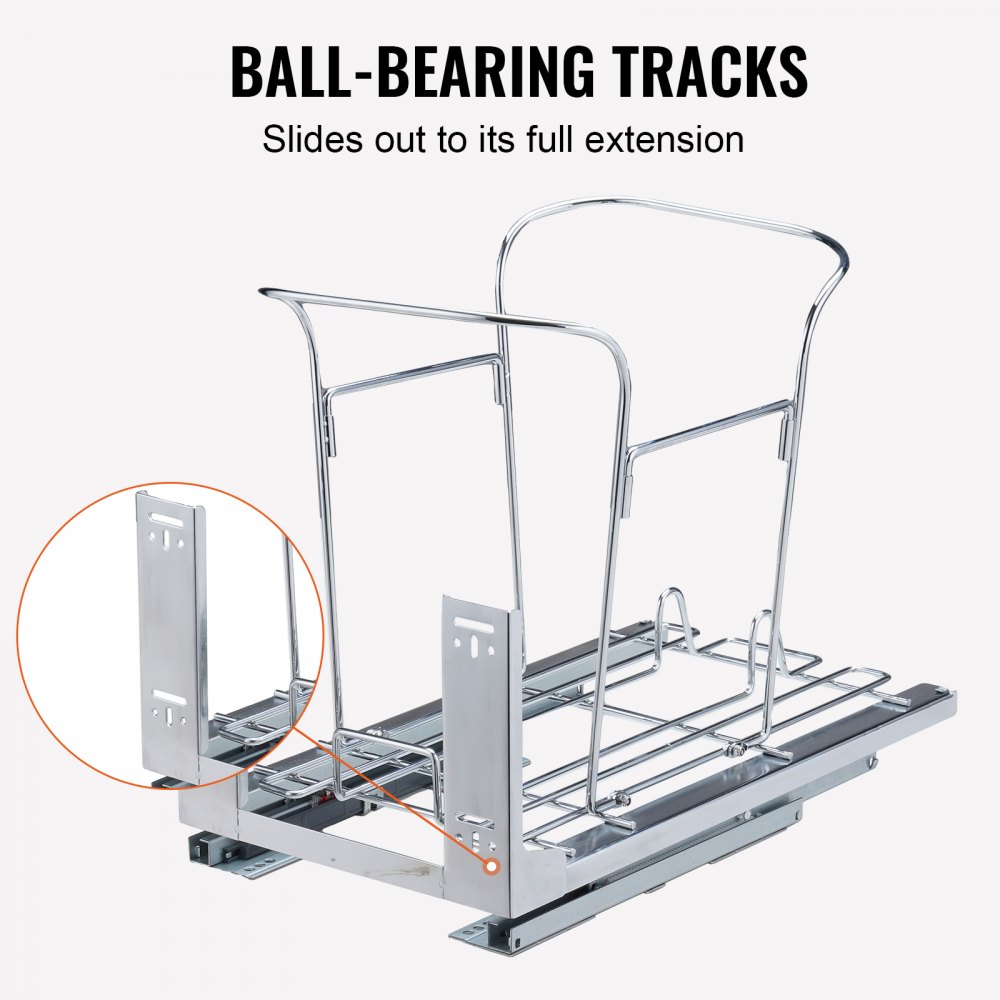 VEVOR pull-out trash can with ball-bearing tracks for smooth sliding and full extension display.