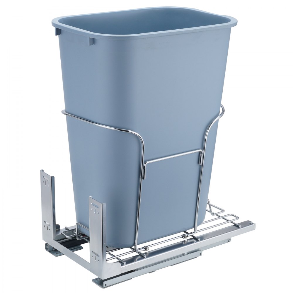 VEVOR pull-out trash can in a metal frame with sliding rails, featuring a light blue rectangular bin.