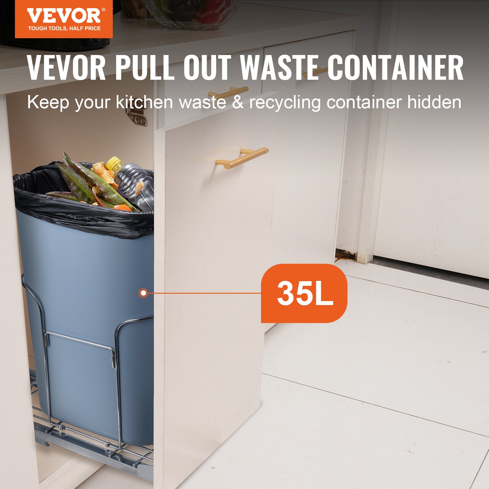 VEVOR pull-out trash can in white cabinet, 35l capacity, storing kitchen waste discreetly.