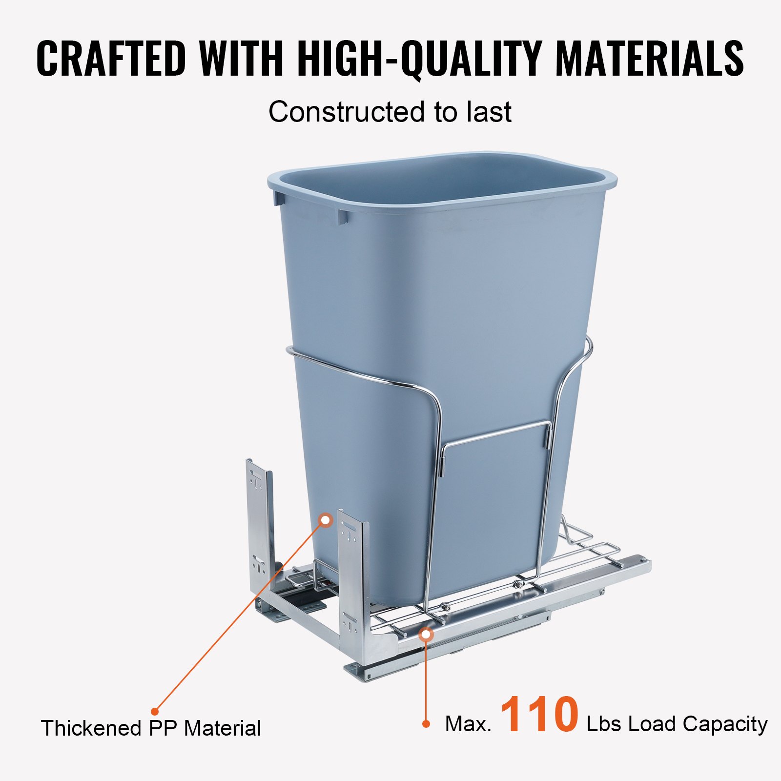 VEVOR pull-out trash can with thickened pp material and max 110 lbs load capacity, crafted to last.