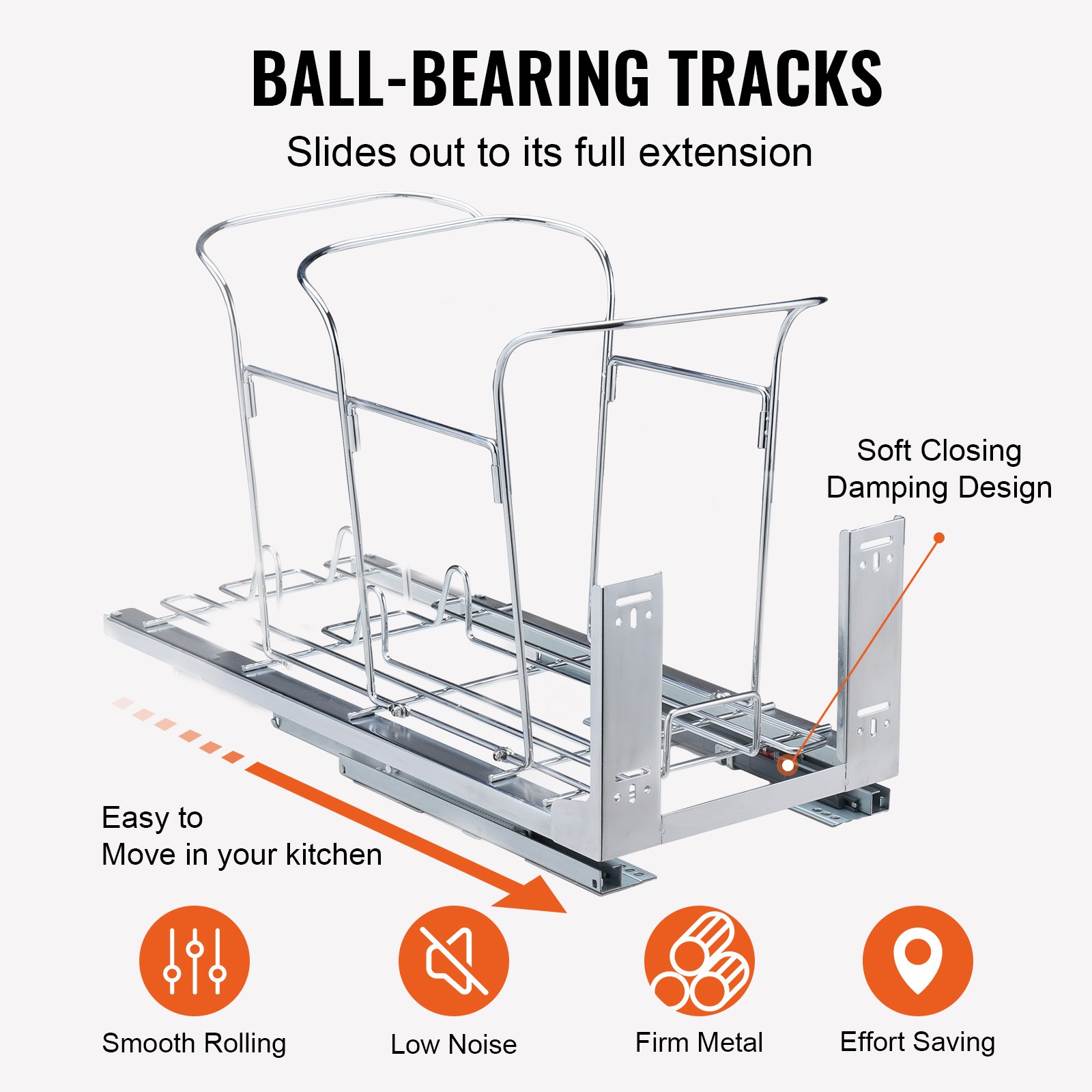 VEVOR pull-out trash can with ball-bearing tracks, soft closing damping design, and smooth rolling.