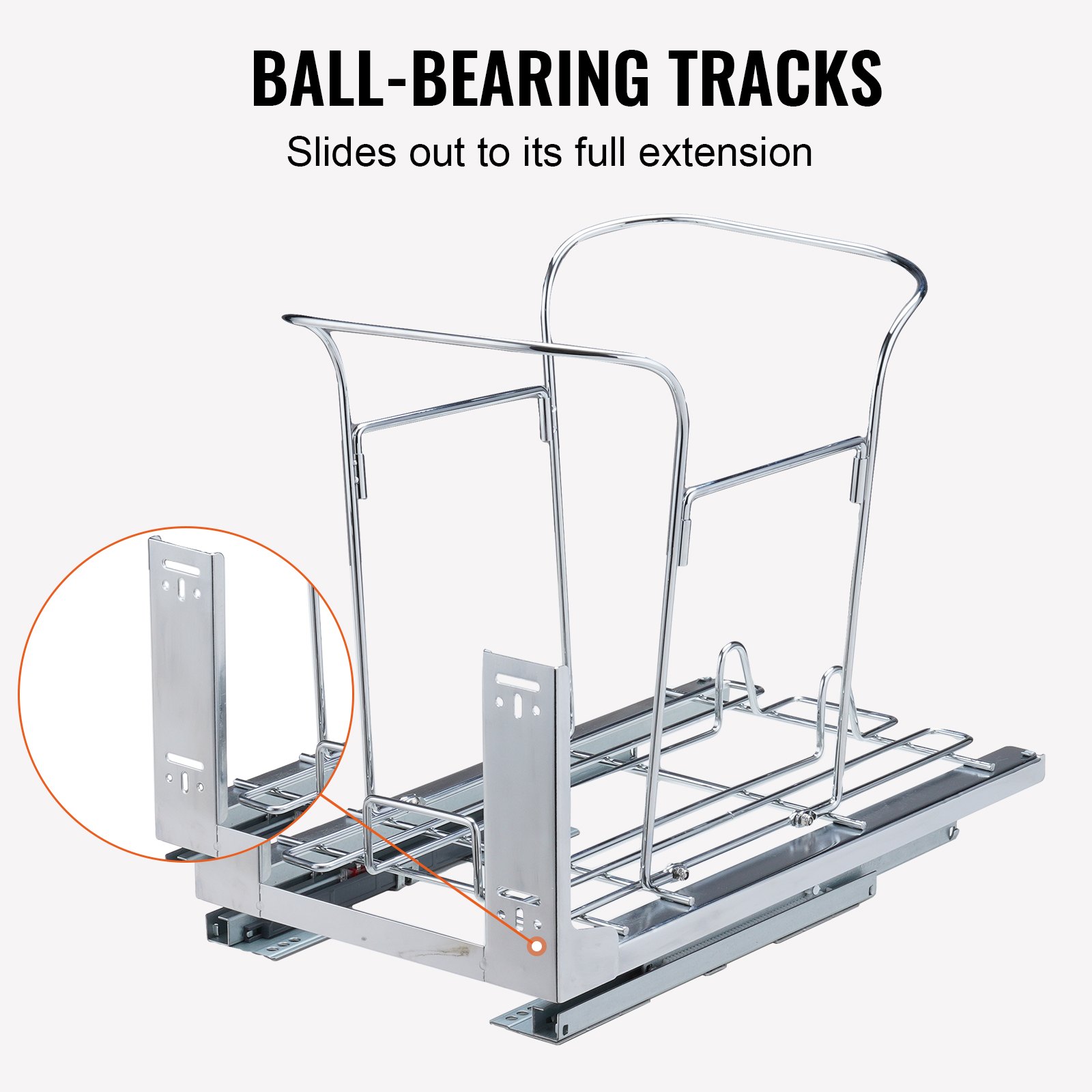 VEVOR pull-out trash can with ball-bearing tracks for smooth sliding and full extension display.