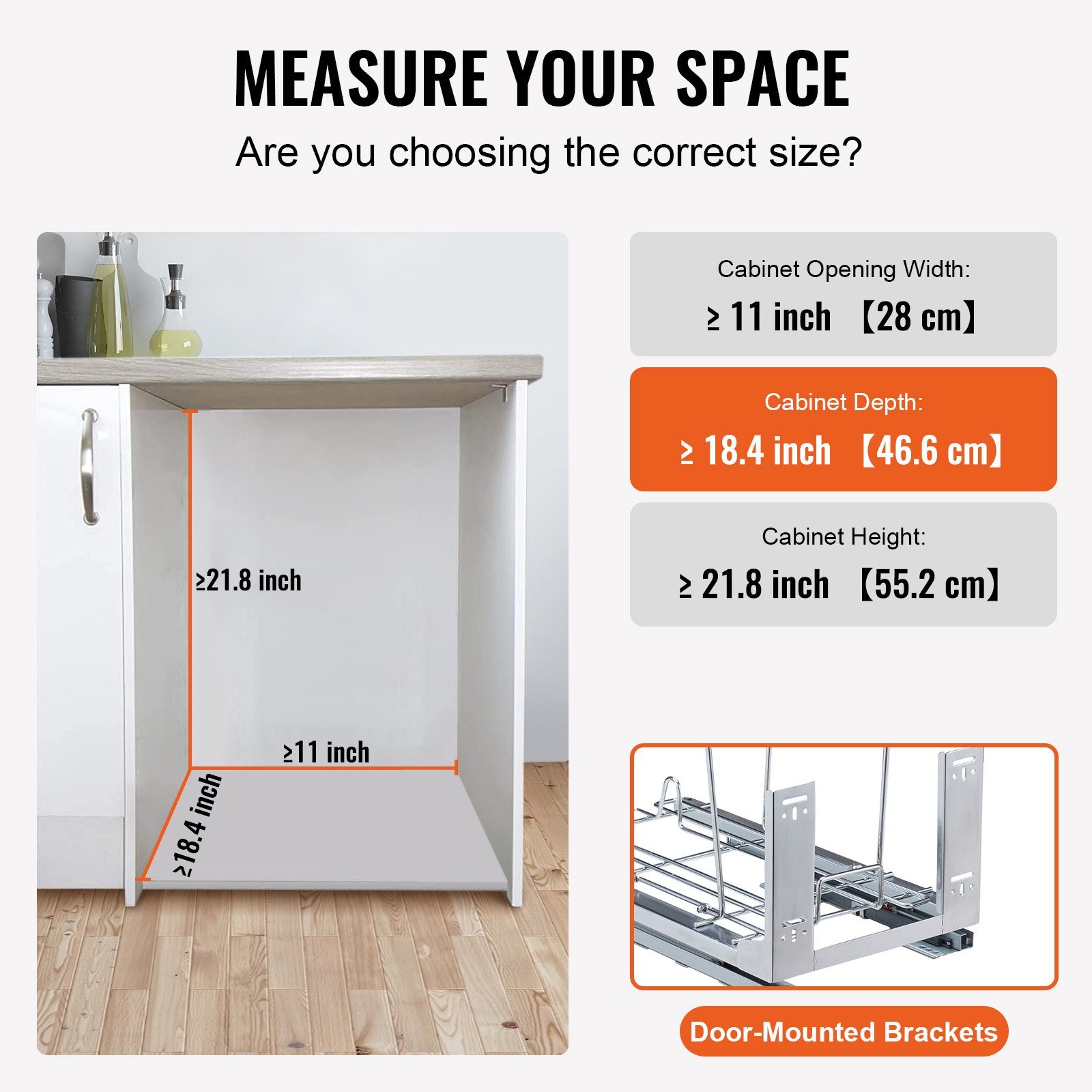 measure your cabinet space for the VEVOR pull-out trash can: 10.2&quot; width, 18.4&quot; depth, 21.8&quot; height.