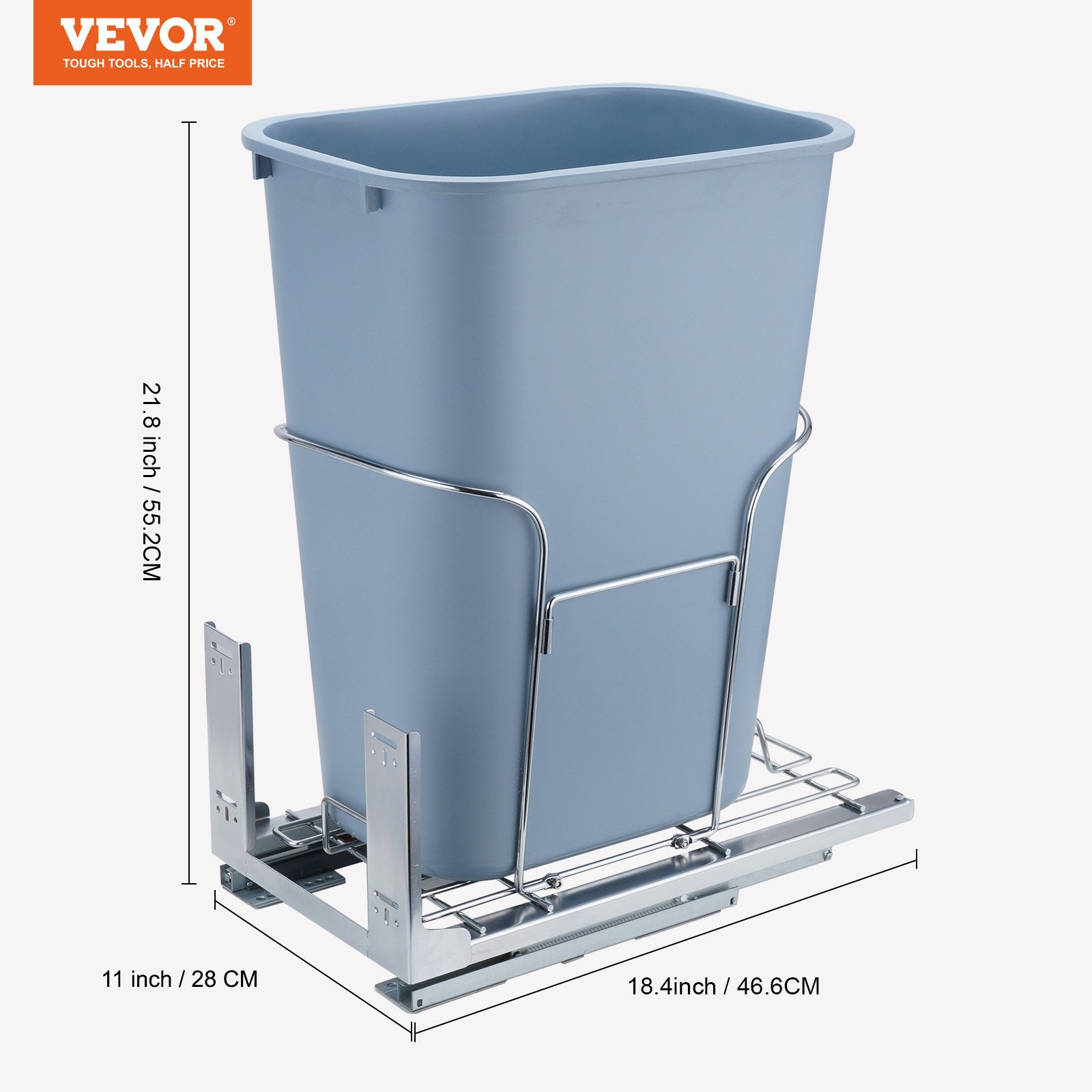 VEVOR pull-out trash can, dimensions: 21.8&quot; x 18.4&quot; x 10.2&quot;, light blue with metal frame.