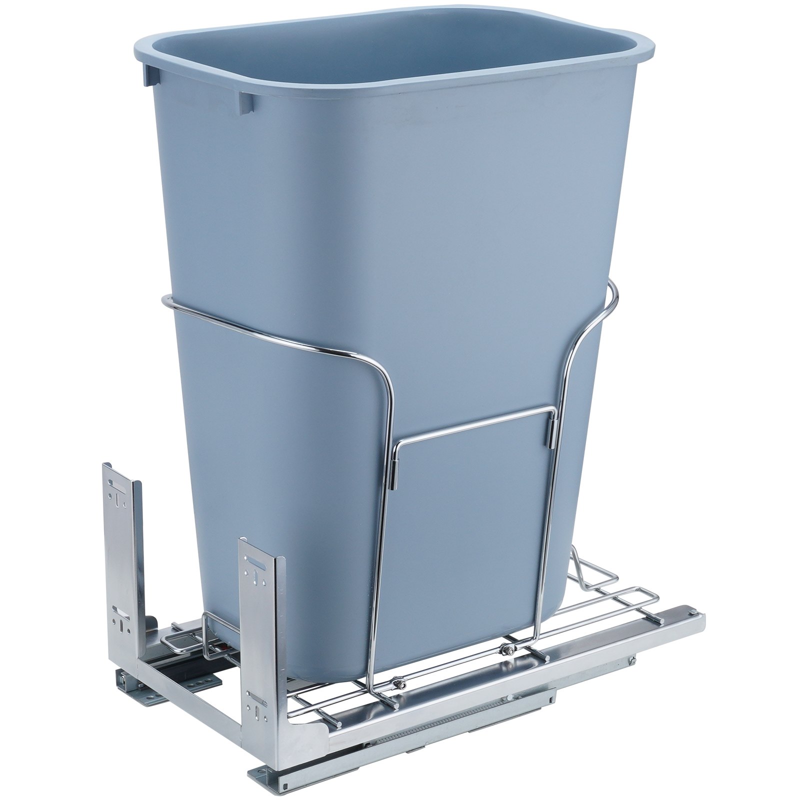 VEVOR pull-out trash can with metal frame, blue bin, and slide-out mechanism. ideal for kitchens.
