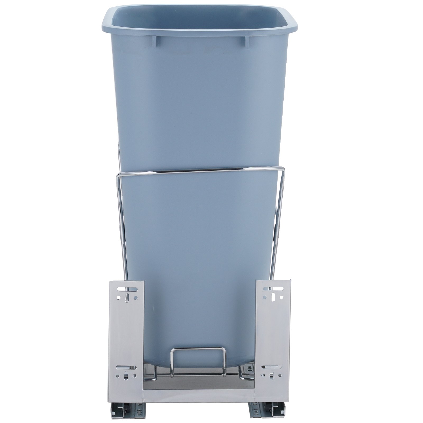 VEVOR pull-out trash can with blue bin and metal sliding frame for cabinet installation.