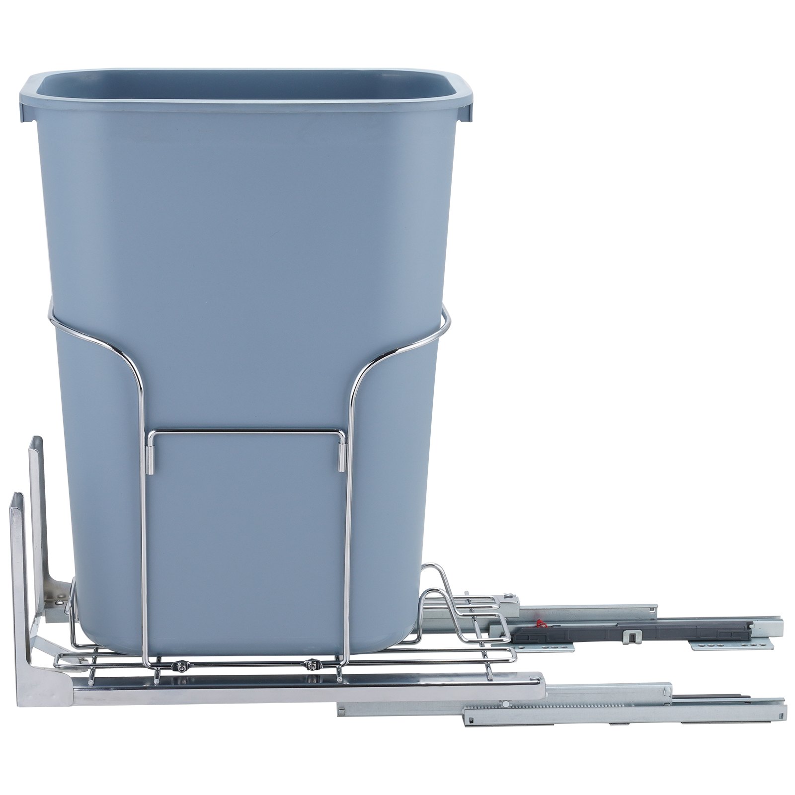 VEVOR pull-out trash can with gray bin and metal sliding frame for cabinet installation.
