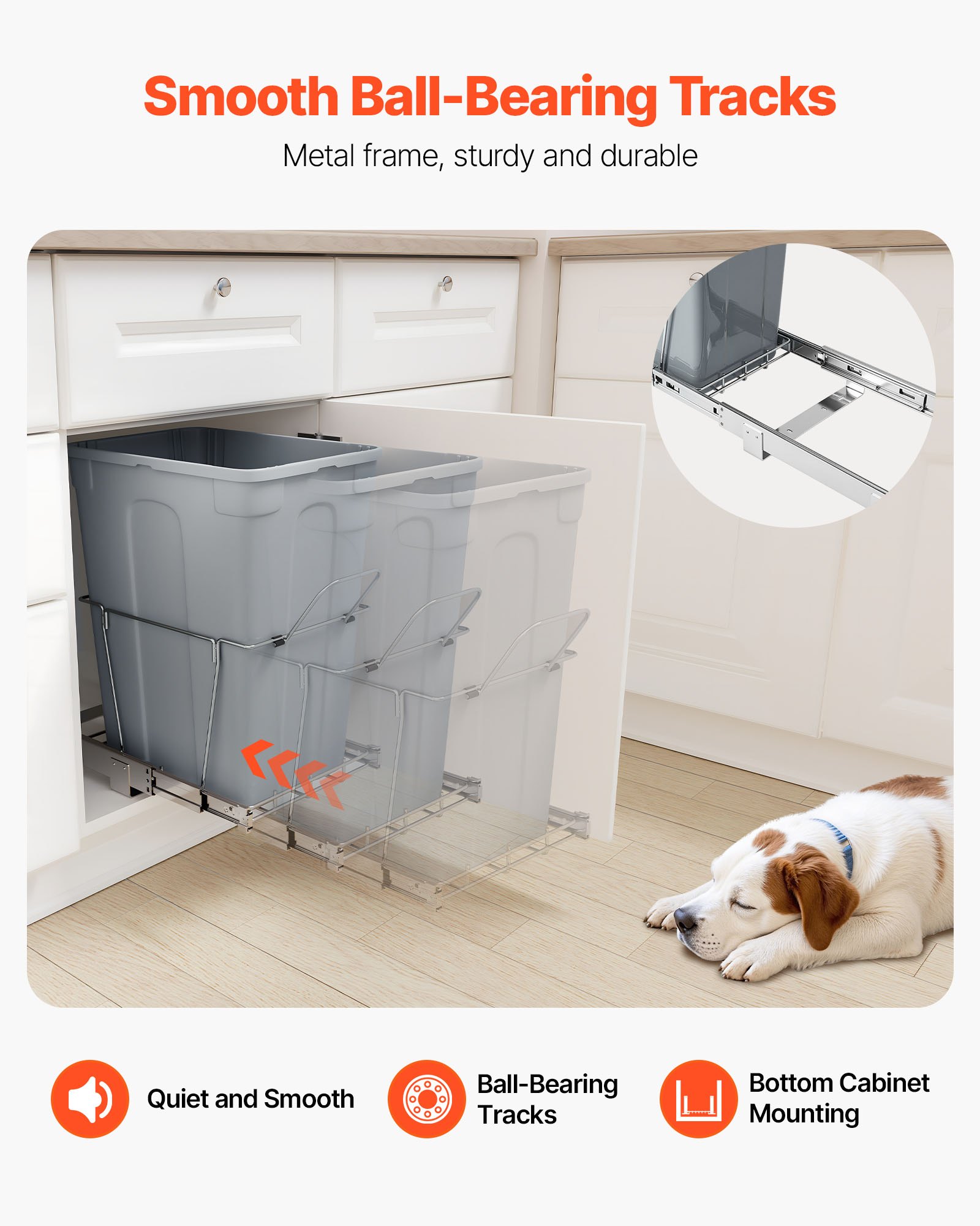 VEVOR Pullout Trash Can for Kitchen Cabinets, Garbage Waste Recycling Bin, Under Mount Waste Container, with Heavy Duty Metal Full Extension Sliding System and Handle, for Sink, Under Counter