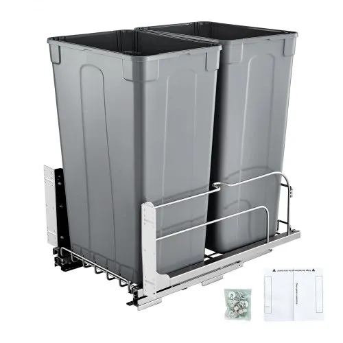 VEVOR Pull-Out Trash Can, 50 QT x2 Double Under Mount Kitchen Waste Container, Heavy Duty Garbage Recycling Bin with Door Kit and Soft Close Slide, for Kitchen Cabinet, Sink, Under Counter (Grey)